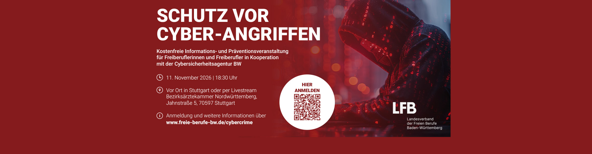 Cover des LFB für Infoveranstaltung Schutz vor Cyber-Angriffen; ein Mann im Hoody in rot ist zu sehen